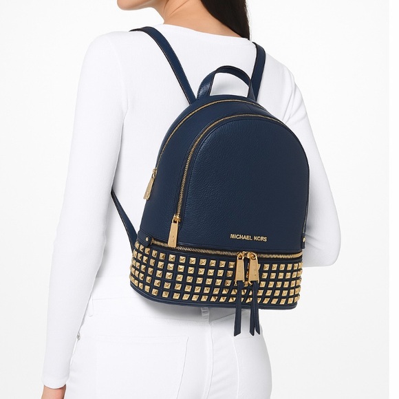 Michael Kors Rhea Navy Blue Pebbled Leather Gold Tone Studded Medium Backpack - Picture 1 of 11